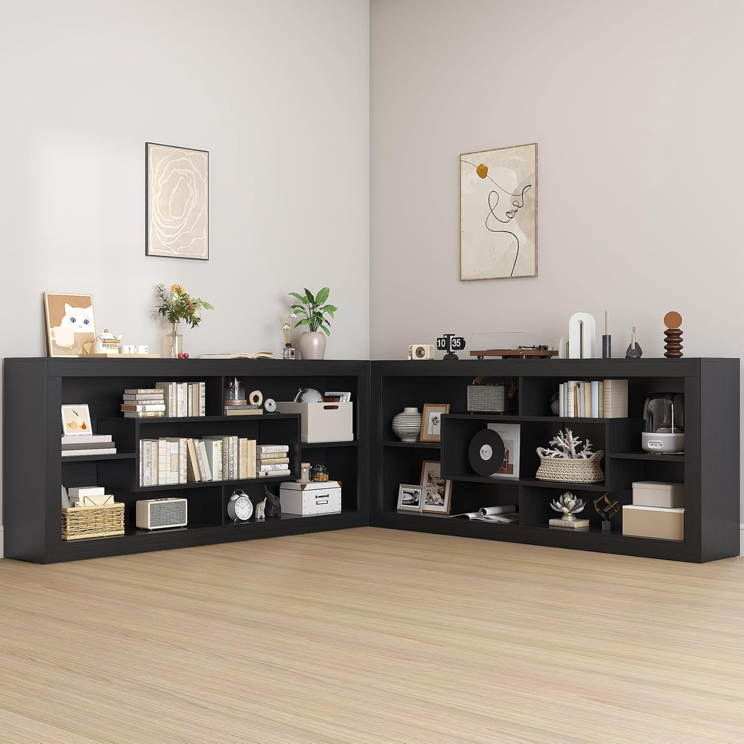 Winkalon Modern Farmhouse 7-Cube Storage Organizer Bookcase, 71” Wide Bookshelf, Large Floor Standing Cubby Shelf Unit with Anti-Tip Kit for Home Office, Living Room, Bedroom,Black