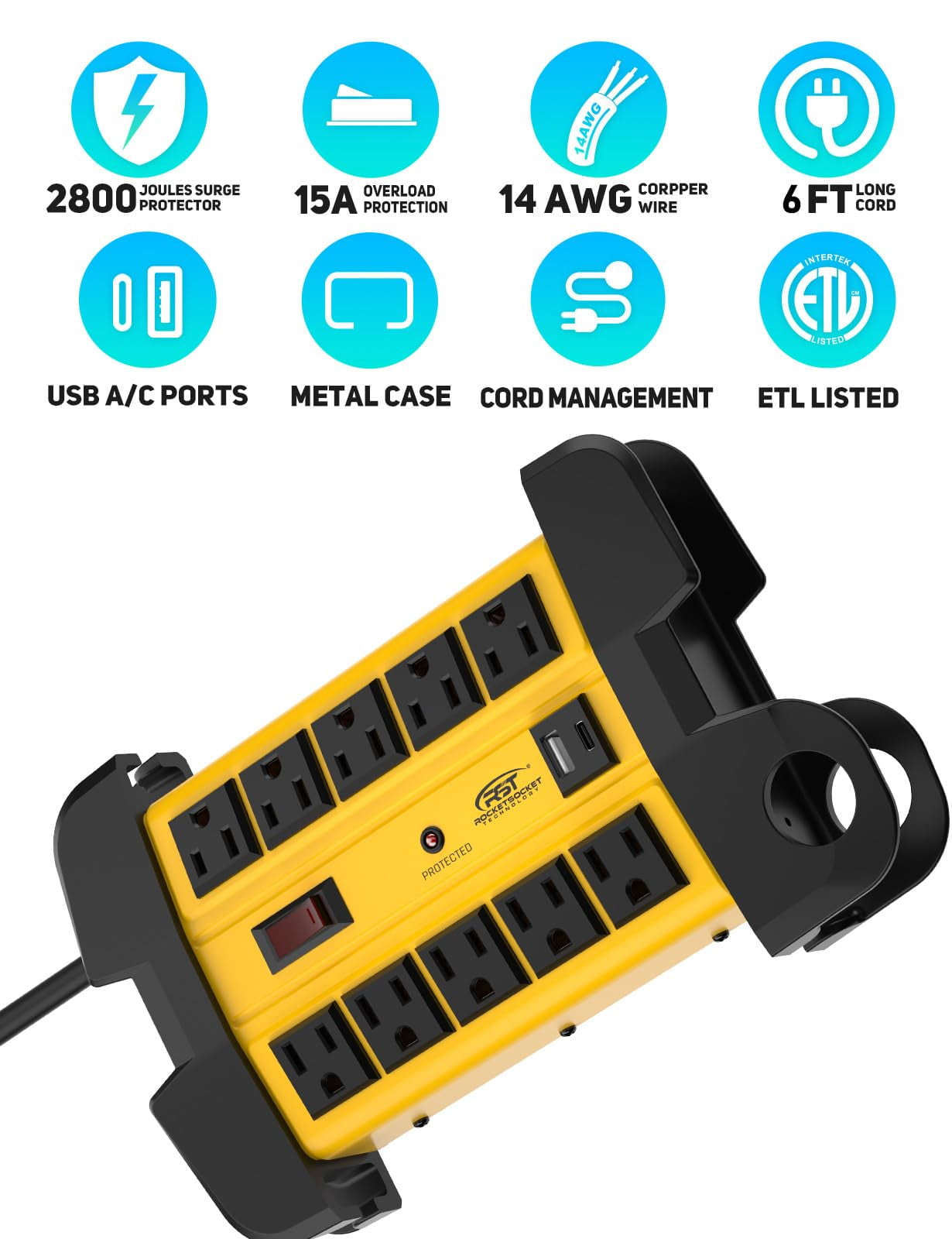 CRST 10-Outlet Heavy Duty Power Strip with USB-C, Metal Wall Mount Surge Protector with 6FT Cord, ETL Listed