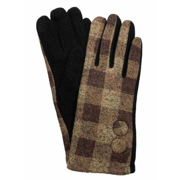 Womens Brown & Tan Button Plaid Stretch Fit Texting & Tech Touchscreen Gloves