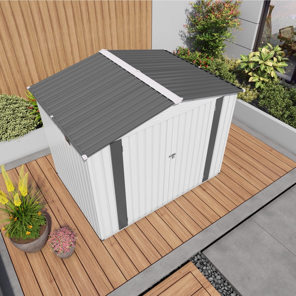 8x6 FT Metal Shed with Pitched Roof & Lockable Doors & Window, Waterproof Outdoor Storage for Garden Tools, Bikes & Sundries