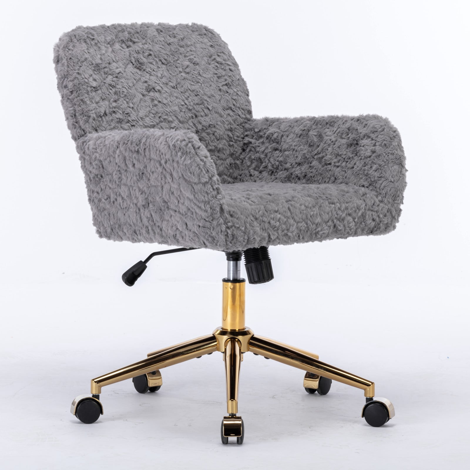 GAKMCIL Artificial Alpaca Wool Home Office Chair, Ergonomic Desk Chair, Vanity Chair with 360 ° Swivel, Arm, Golden Metal, Chassis can be Tilted 40°, 300lb Load for Study, Office, Bedroom (Gray)