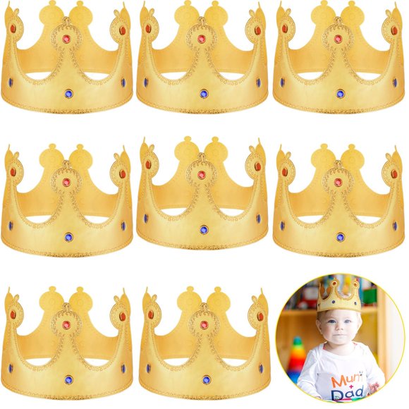 Golden Crown Kids Party Pack - Set of 8 Fabric Crowns for Baby Birthday Celebration. Perfect Accessory for Royal-Themed Parties!