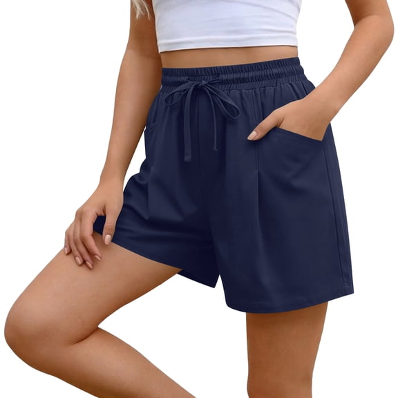 Padded Bike Shorts Summer Drawstring Shorts Women Casual High Waisted Shorts with Pockets Dark Blue L