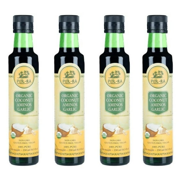P L-RA Organic Coconut Aminos Garlic 8.5fl oz - Sweet & Sour Garlic Sauce, Tangy - Substitute for Soy Sauce - Low sodium -Vegan, Gluten-Free, Non-GMO, Kosher Marinade - Pack of 4 x 8.5fl oz