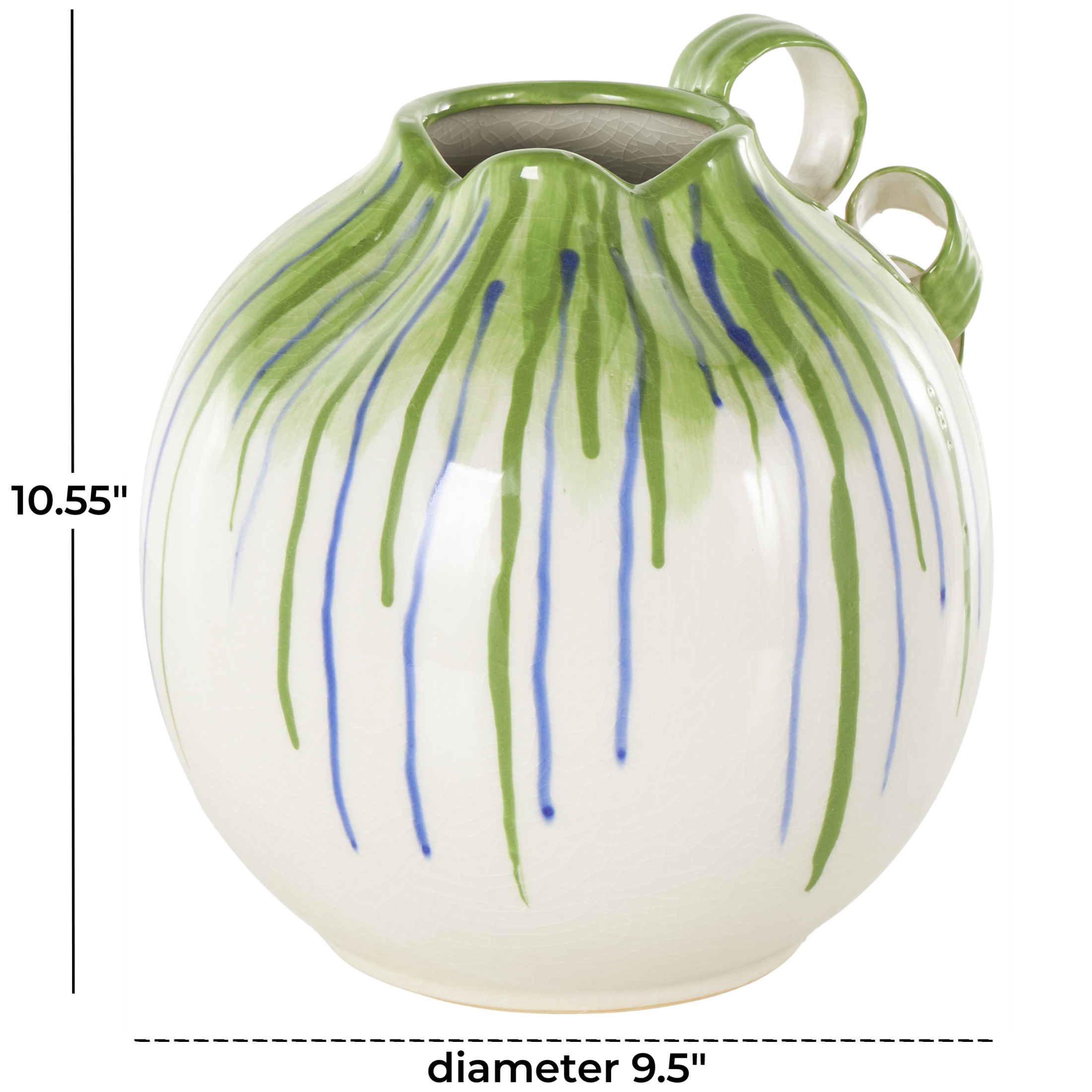 DecMode 11" Abstract White Ceramic Vase with Green and Blue Drip Design and Handles