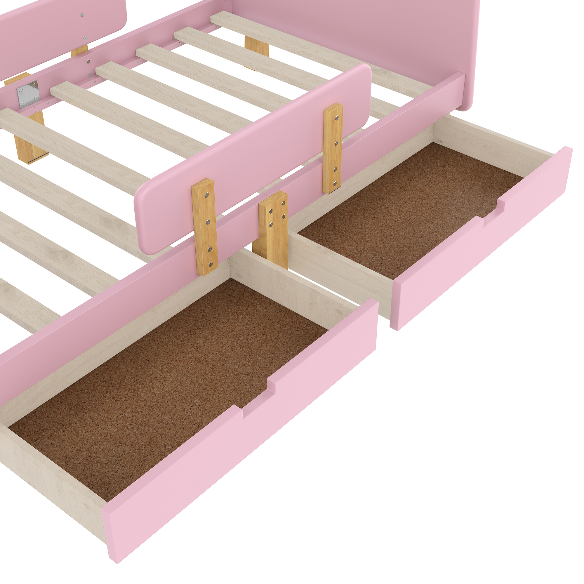 Miniyam Twin Bed with Storage Drawers, Guardrails, Footboard Shelf & Side Hooks for Kid, Pink