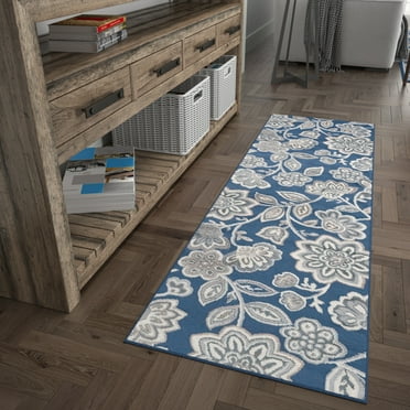 Madison Transitional 2' x 10' Navy and Cream Polypropylene Indoor Area Rug