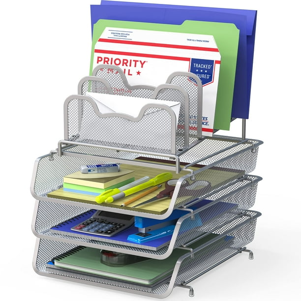 SHW 3 Stackable Document Trays w/ Step File Organizer, Silver