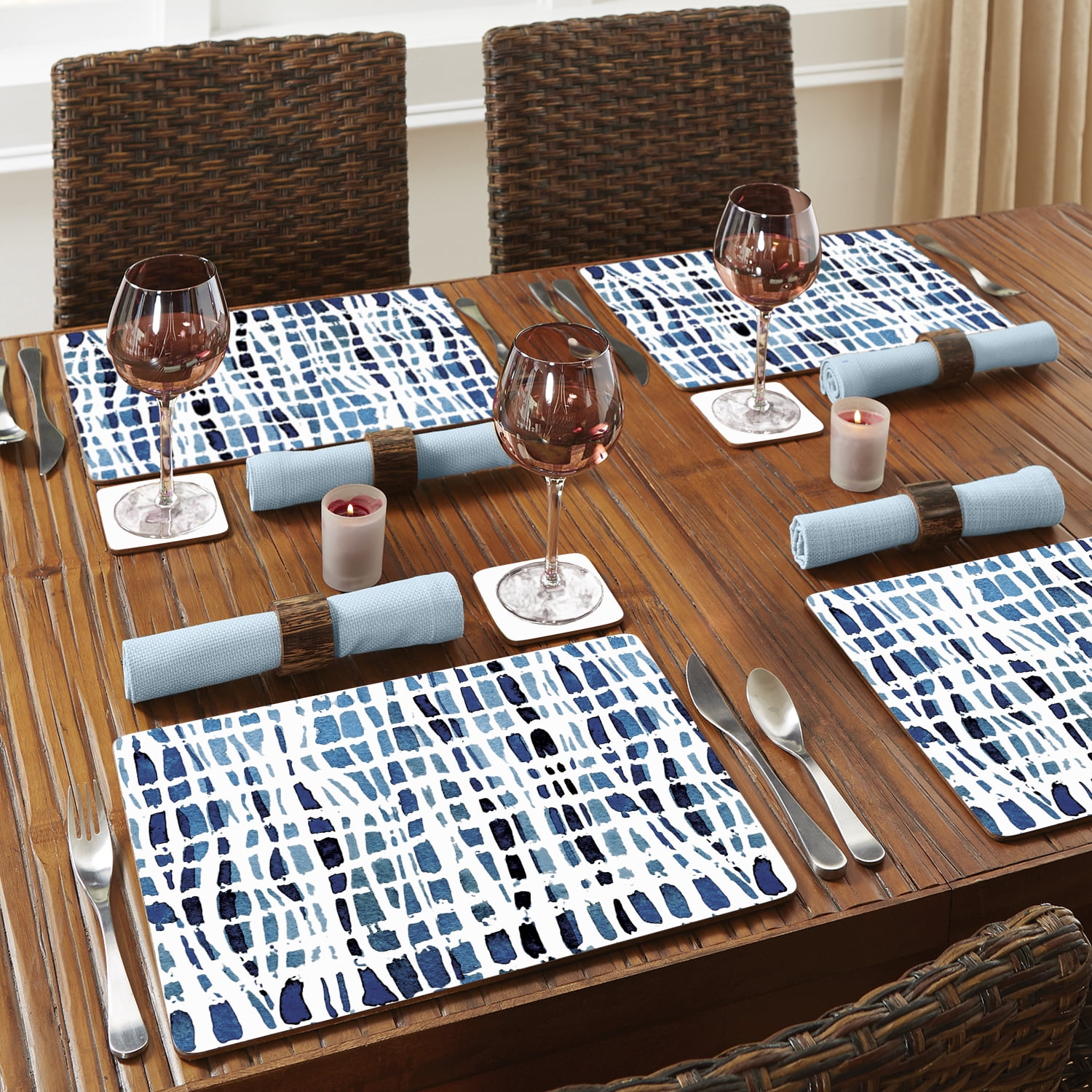 CounterArt "Indigo Wavy Lines" Hardboard Tabletop Placemats 4-Pack