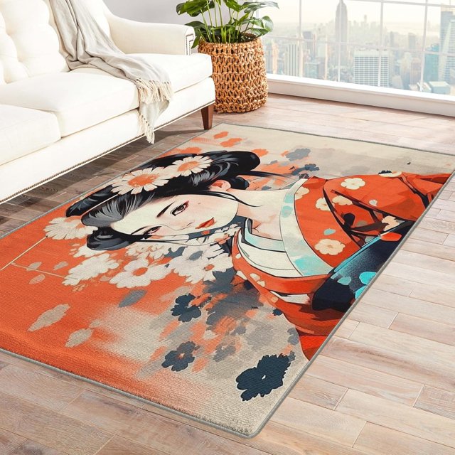 Kimono Girl Rug 5x6 Area Rugs for Bedroom Living Room, Japanese Area Rug, Oriental Carpet Machine Washable Non-Slip Large Rug, Soft Low Pile Area Rug, Indoor Decorative Rug Z&lL250