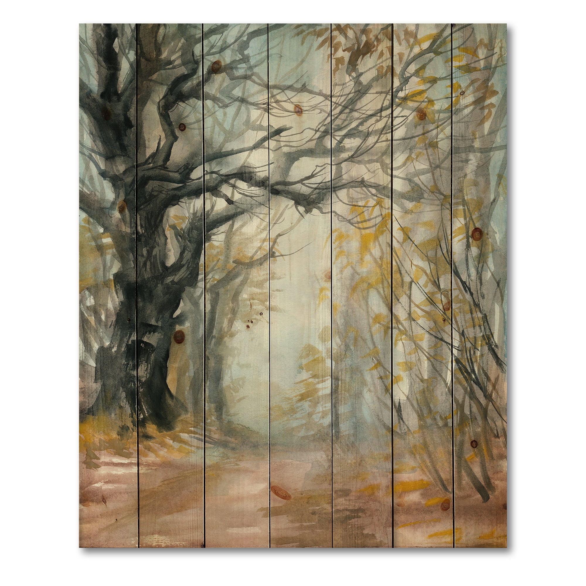 Designart 'Autumn in Misty Forest' Lake House Print on Natural Pine Wood