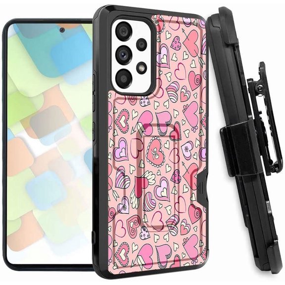 ANJ  Rugged Dual Layered Holster Case w/Kickstand, Card Slot Case   Tempered Glass Cover for Samsung Galaxy A53 5G - Candy Hearts