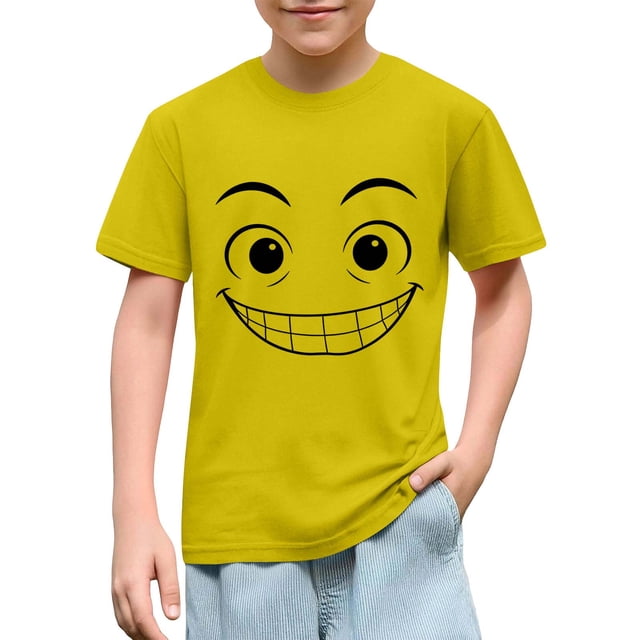 Blusas y camisas de manga corta con cuello redondo para niños y niñas, color liso, con estampado de expresión linda, manga corta, holgadas y cómodas, blusa para niña