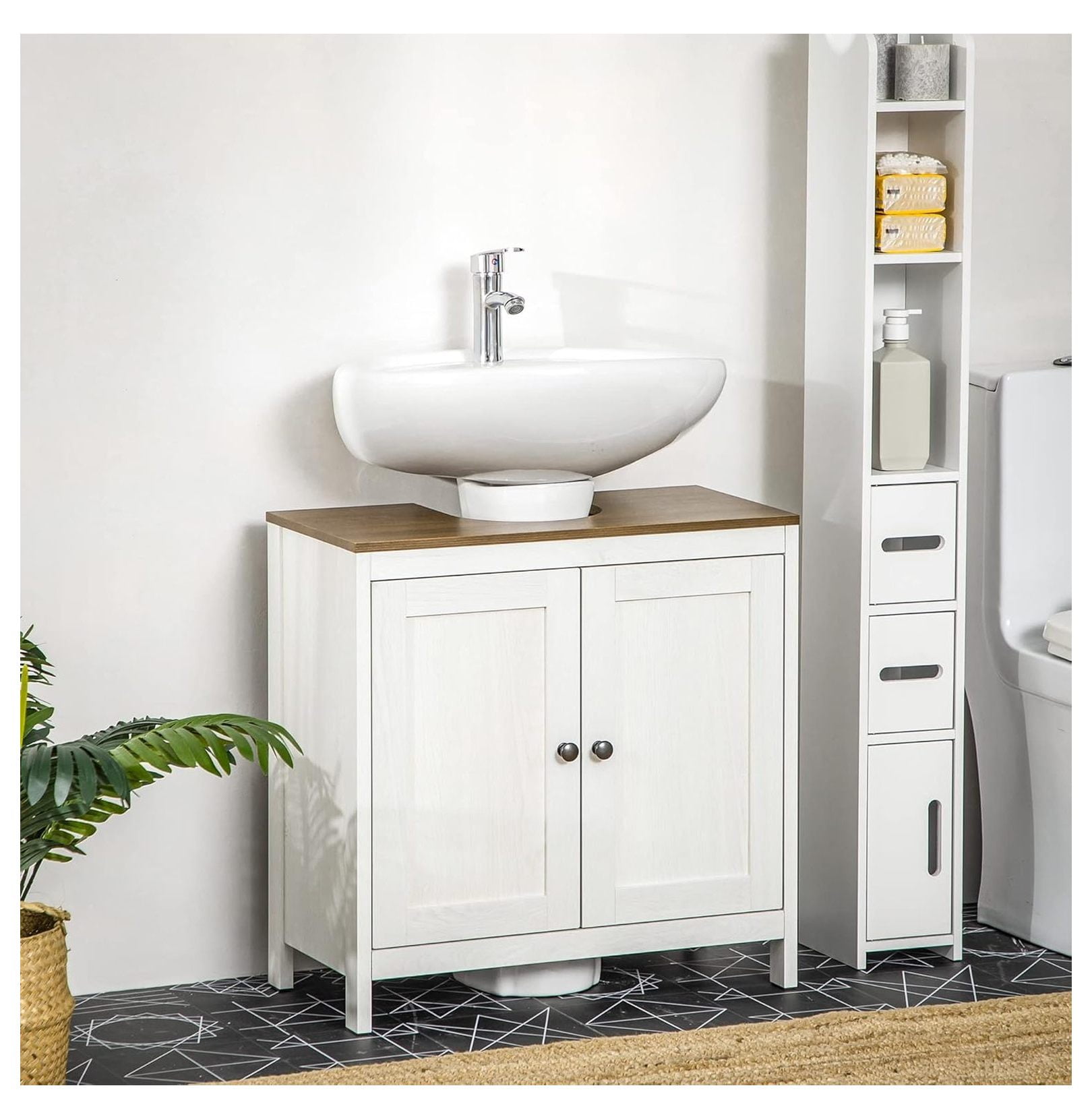 Bathroom Sink Cabinet, Floor Standing Under Sink Organizer, Freestanding Vanity with Adjustable Shelf, Double Door Storage, Antique White