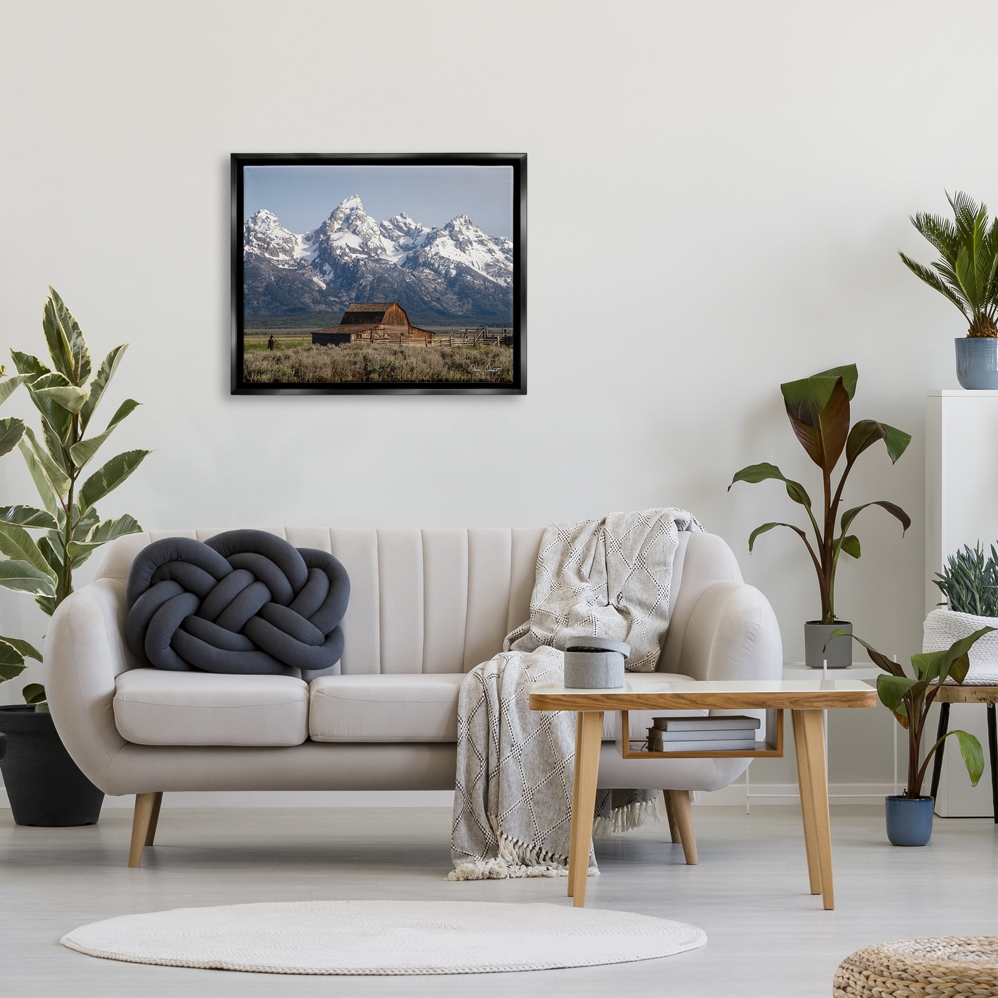 Stupell Industries Cabin & Snowy Peaks Landscape Photography Black Floater Framed Canvas Art Print Wall Art, 31 x 25
