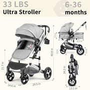 AILEEKISS 3-in-1 Convertible Baby Stroller with Big Seat and Adjustable Canopy, 24 Pounds, Light Grey