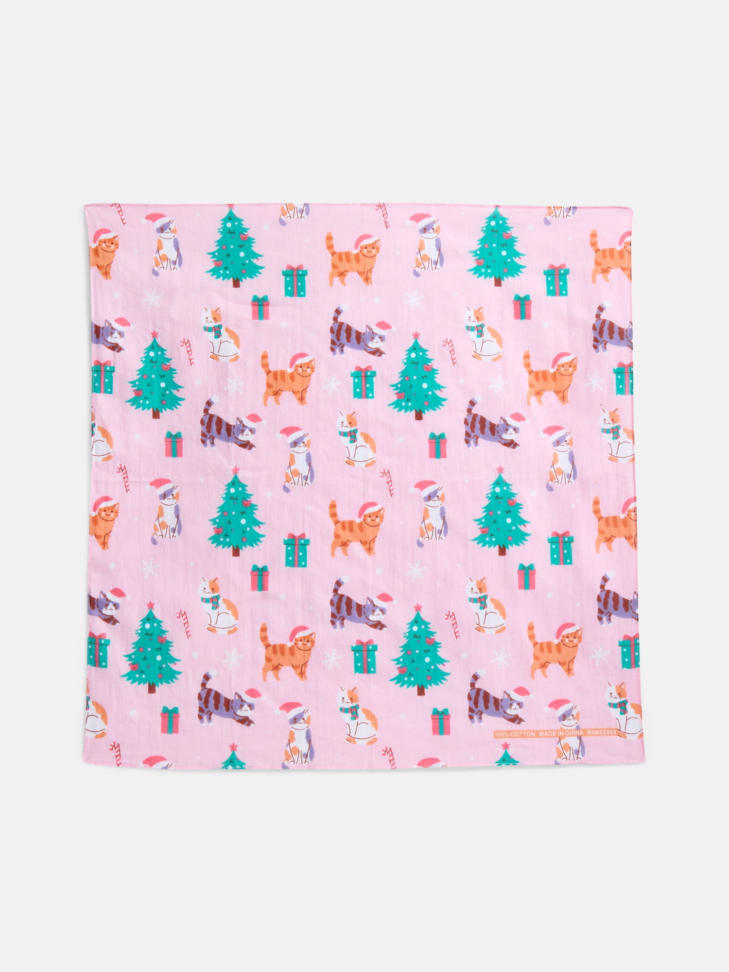 Holiday Time Woven Holiday Cats Bandana, One Size, Pink, Cotton