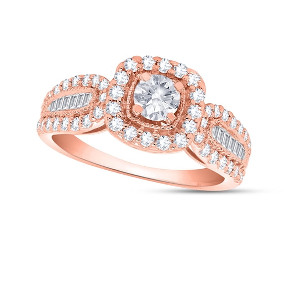Poshadime Milgrain Reverse Shank Halo Diamond Engagement Rings - 1.25 Carat Round And Baugette Simulated Diamond 18K Rose Gold Over Silver (Clarity : VVS1, Color : D), Ring Size-6"