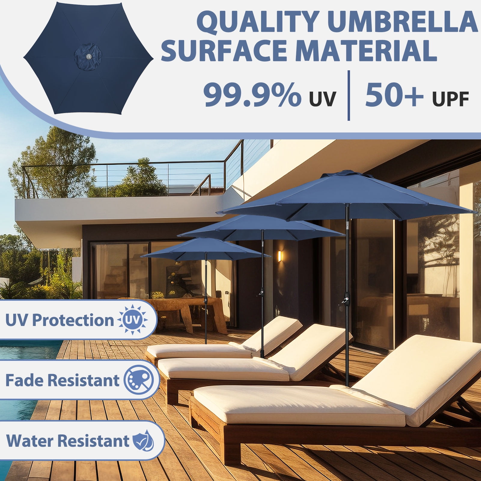 Autlaycil 9' Patio Umbrella with Tilt and Crank, Adjustable Outdoor Market Umbrellas, 6 Sturdy Ribs UV Protection Water Resistance for Garden, Deck, Backyard, Pool (Dark Blue)