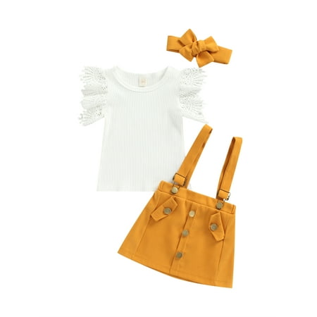 

CIYCuIT Infant Girls Summer 3Pcs Outfit Sets Ruffle Short Sleeve Ribbed Romper + Suspender Skirt + Headband