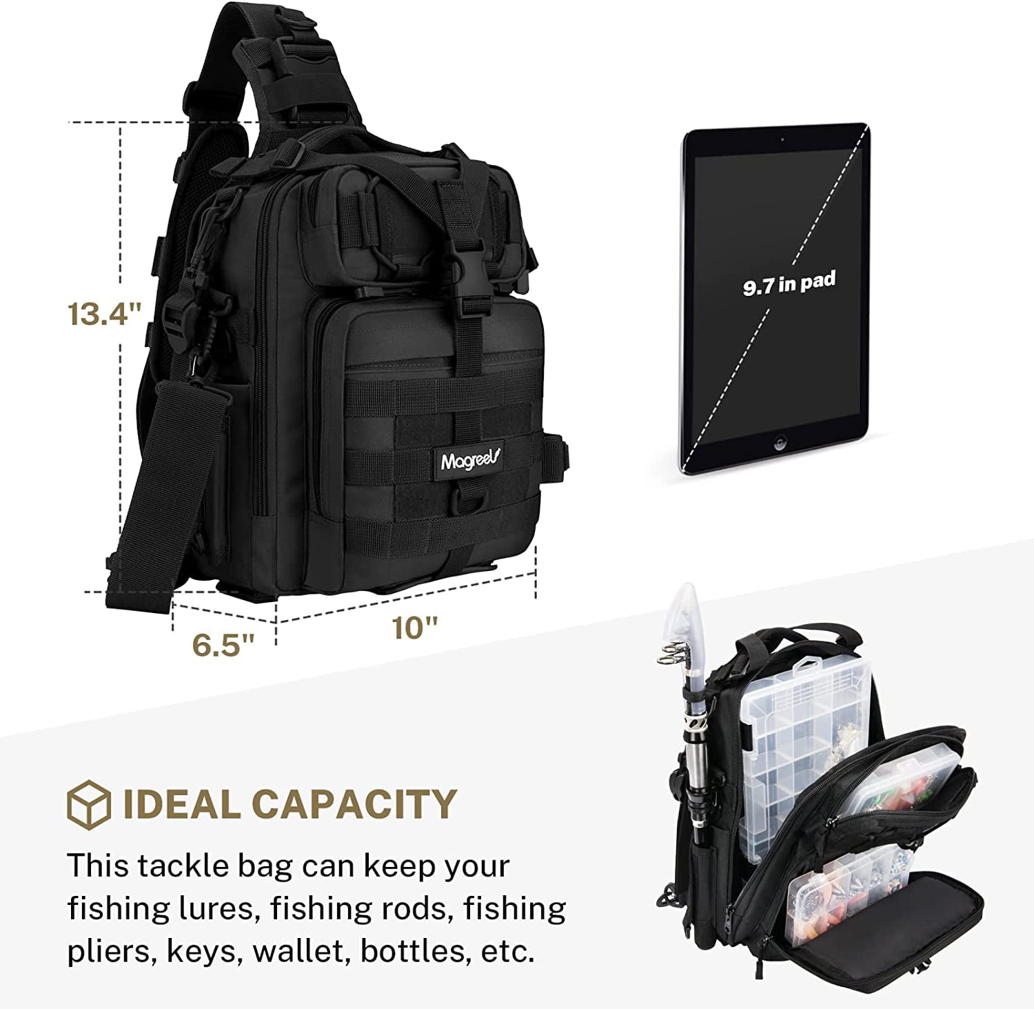 Magreel Fishing Tackle Bag Waterproof Shoulder Backpack Cross Body Sling Bag  with Rod Holder and Tackle Box : : Bags, Wallets and Luggage