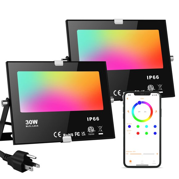 LED Flood Light Outdoor 300W Equivalent,30W RGB Color Changing Smart Floodlight with APP Control, IP66 Waterproof, Timin