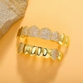 thumbnail image 4 of Copper Zirconia Vampire Fang Grillz Set, Gold & Silver Tone Iced Teeth Caps with Dense Stone Arrangement, Hip Hop Party Dental Jewelry for Men & Women, 4 of 9