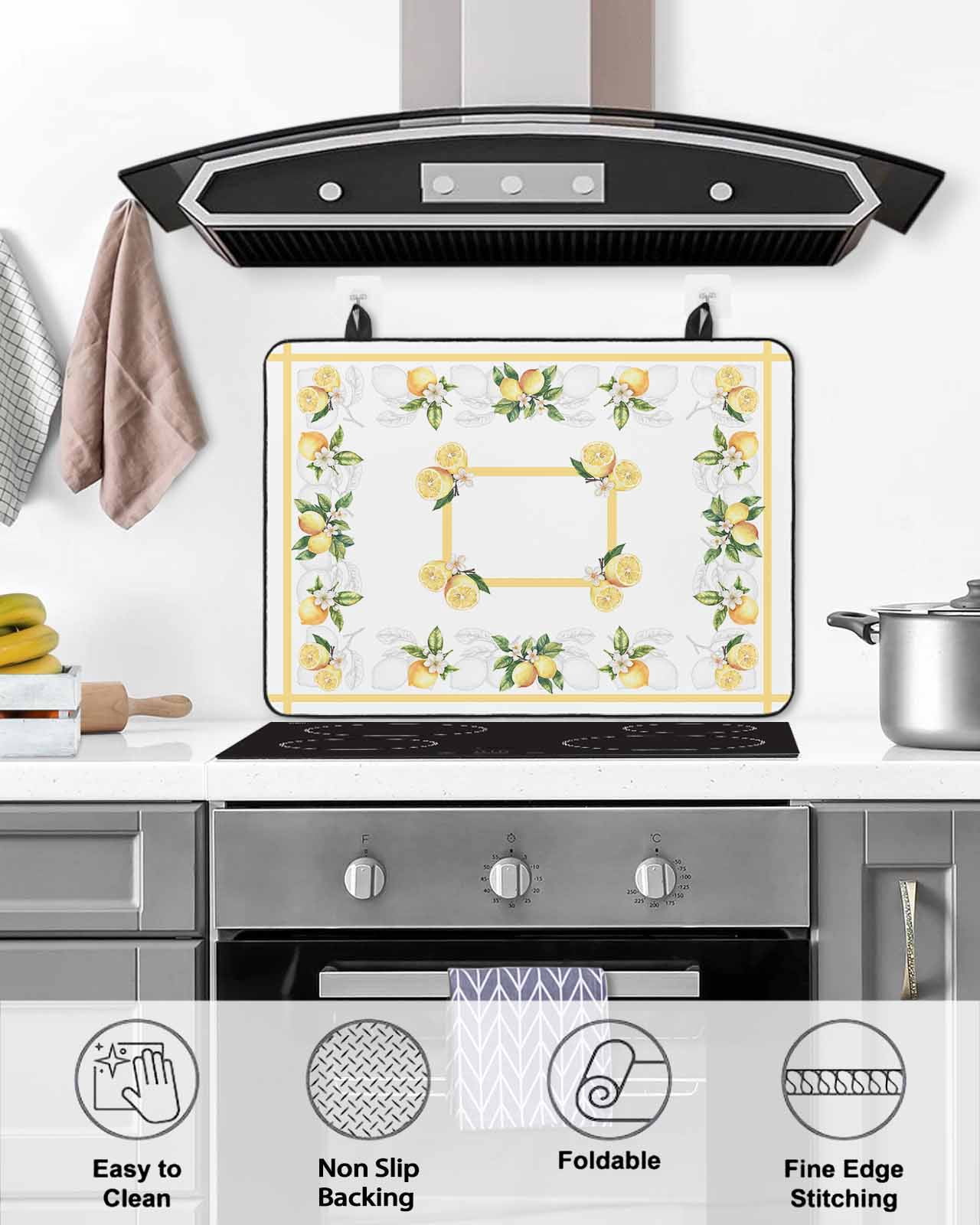 nqOlkjepod Large Induction Cooktop Protector Mat 36"x21", Lemon Yellow Stove Top Covers for Electric Stove, Modern Country Flower Floral Summer Spring Stove Burner Cover Mats, Glass Top Stove Cover