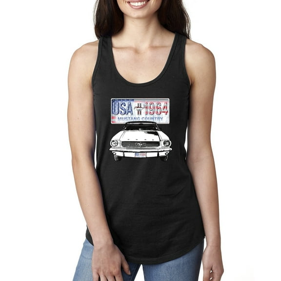 Wild Bobby, Ford Mustang Country USA 1964 Vintage American License Plate, Cars and Trucks, Women Racerback Tank Top, Black, Small