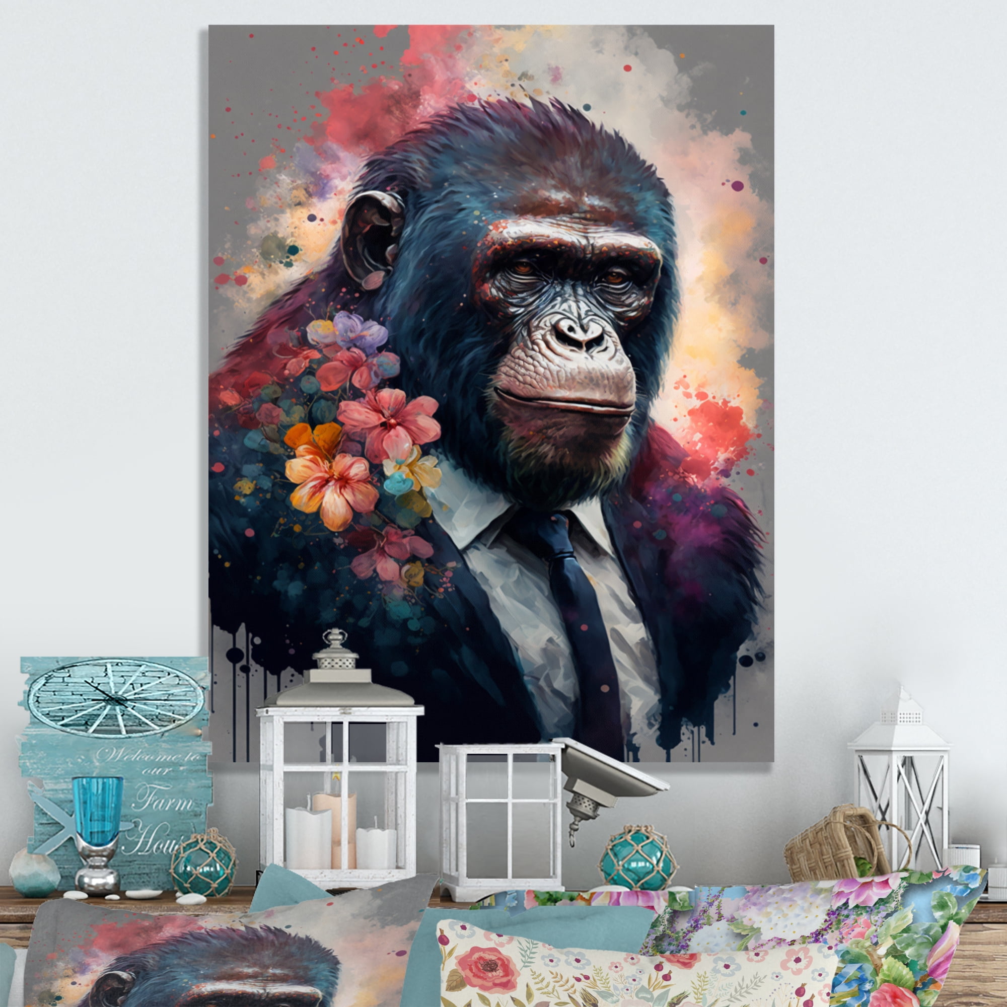 Designart Cute Ape Floral Art Canvas Wall Art