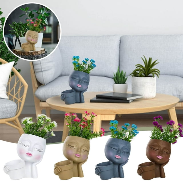 Pot de Plante Visage Pots de Fleurs Doubles en un pour Plantes d'Intérieur et d'Extérieur Jardinière Tête en Résine avec Trou de Drainage Pots de Plante Visage de Dame Mignonne