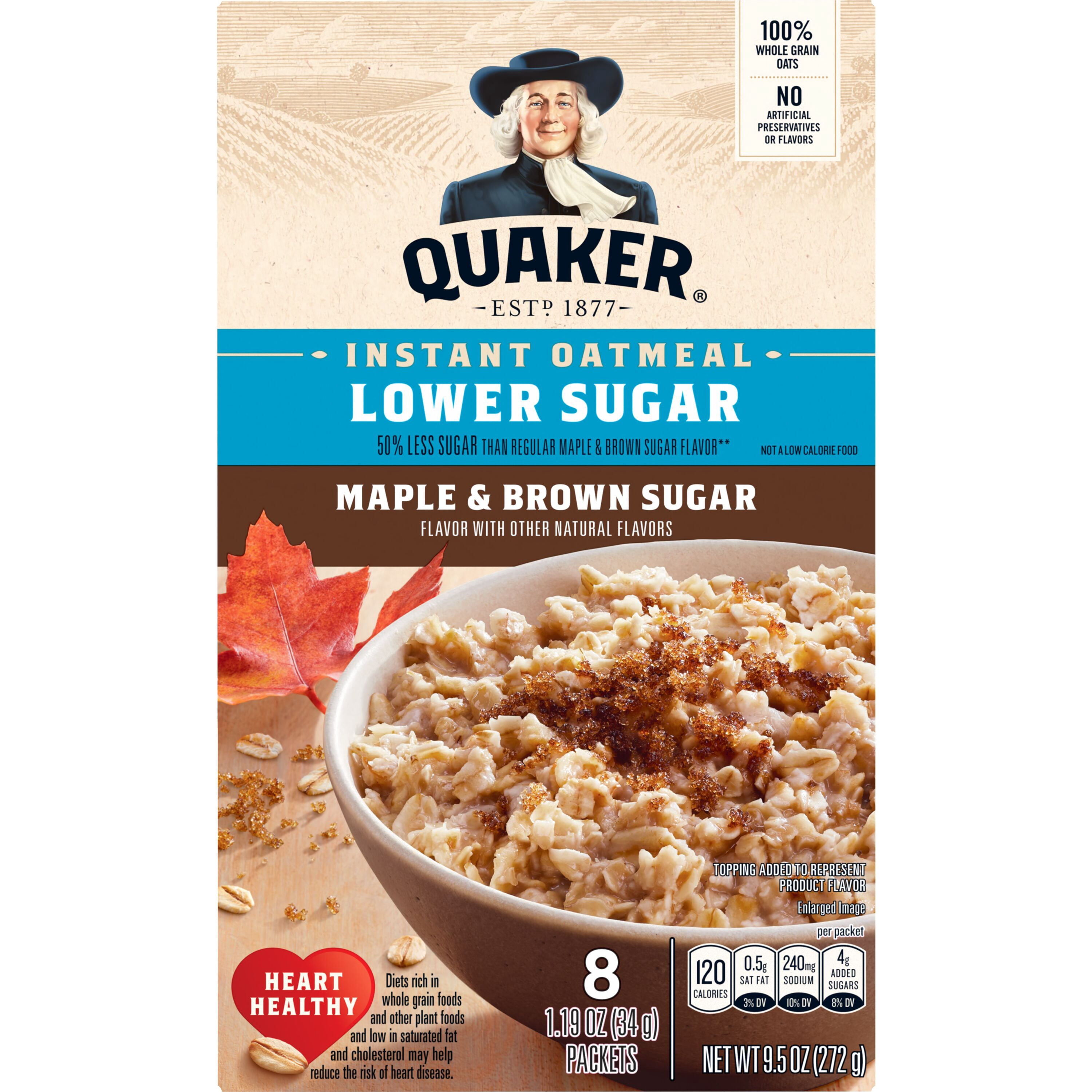 (12 pack) Quaker Instant Oatmeal, Maple & Brown Sugar, 1.19 oz, 8 Count Box
