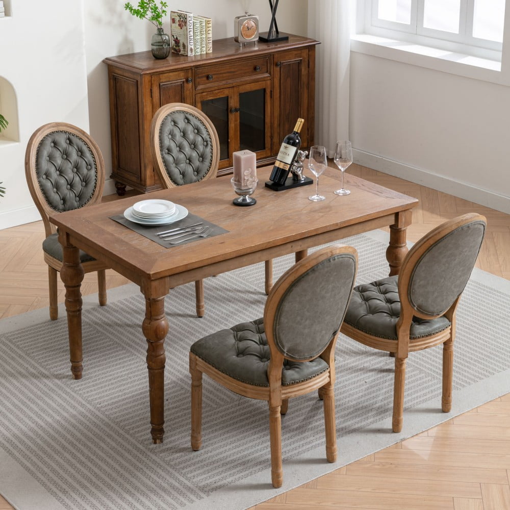 French Style Dining Chairs Set of 2, Solid Wood Upholstered Side Chairs with Tufted PU Leather, Nailhead Trim, Oval Back, Olive Green