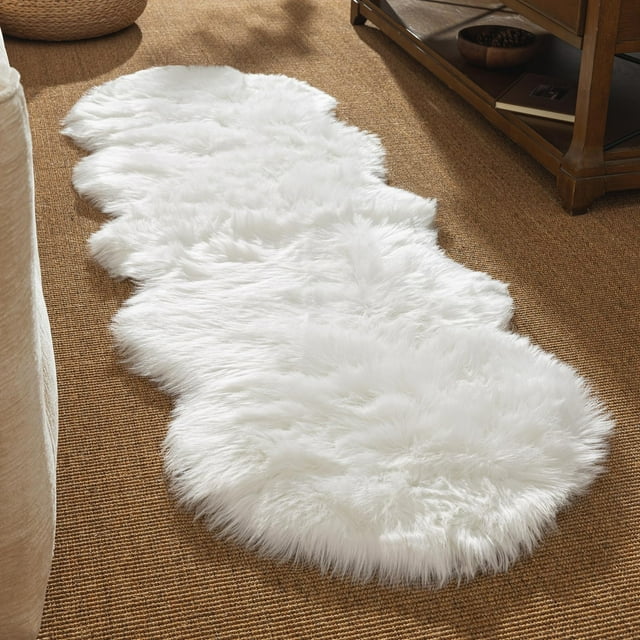 Alfombra Ashler de piel sintética blanca, 60 x 180 cm, ultrasuave, lavable a máquina