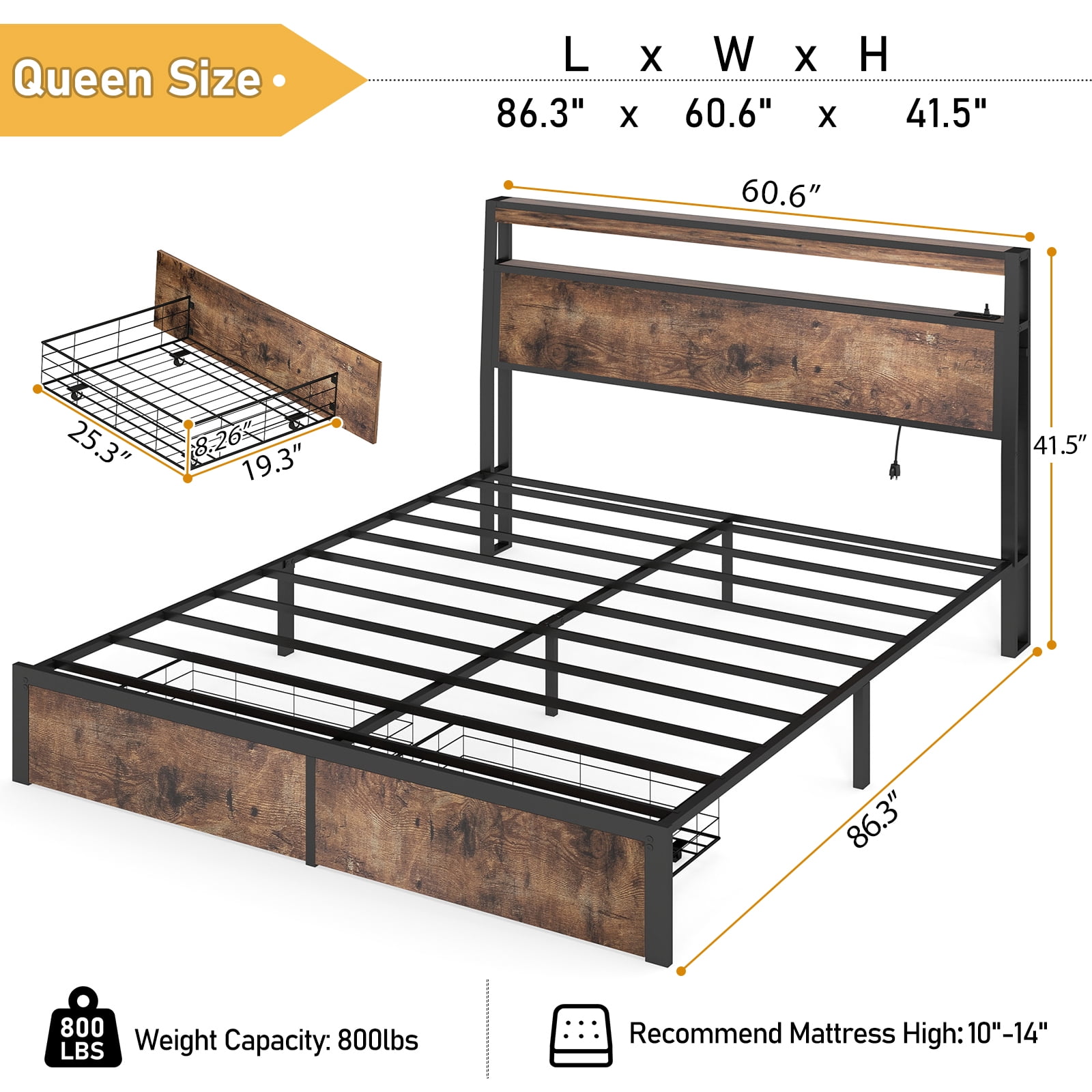 DRNANLIT Queen Bed Frame with 2-Tier Storage Headboard, Metal Bed Frame with 2 Drawers & Built-in Charging Station & LED, Noise-Free, No Box Spring Needed, Easy Assembly,Brown