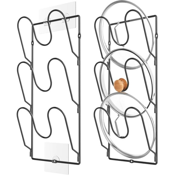 Delamu Pot Rack Wall Mounted, Pot and Pan Hanging Rack, 2 Pack Pot Lid Organizer Rack for Cabinet Door, Black