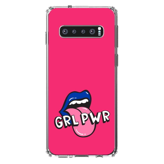 DistinctInk Clear Shockproof Hybrid Case for Samsung Galaxy S10  PLUS(6.4" Screen) - TPU Bumper, Acrylic Back, Tempered Glass Screen Protector - Girl Power - GRL PWR - Loud Mouth, Pink & Blue