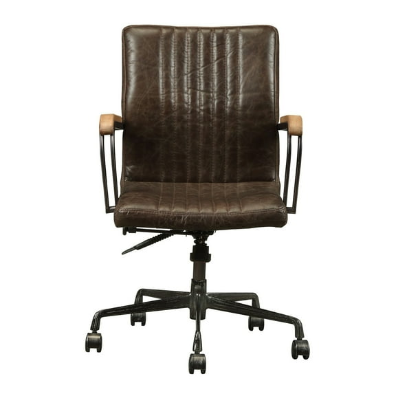 Benzara Leatherette Upholstered Metal Swivel Executive Chair with Curved Wooden Armrest, Brown and Black