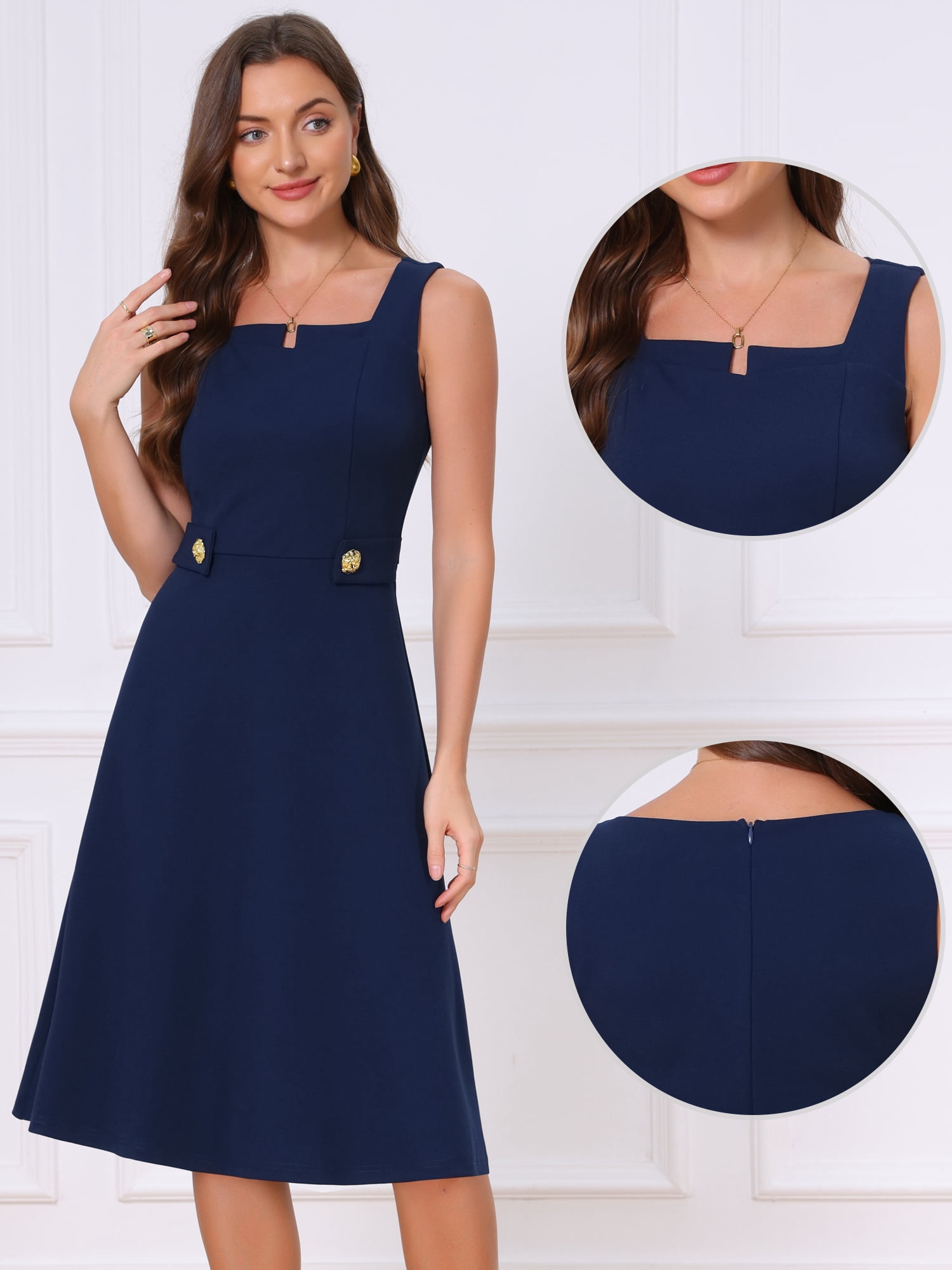 DARING DIVA Women's Vintage Sleeveless Regular Square Neck Midi Dress XL Dark Blue