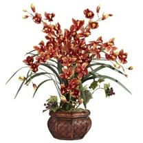 Nearly Natural Cymbidium with Decorative Vase Silk Flower Arrangement, Burgundy