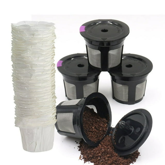 Reusable Coffee Filters Reusable Coffee Pods Stainless Mesh 4 Pack + 100 PCS Coffee Paper Filters