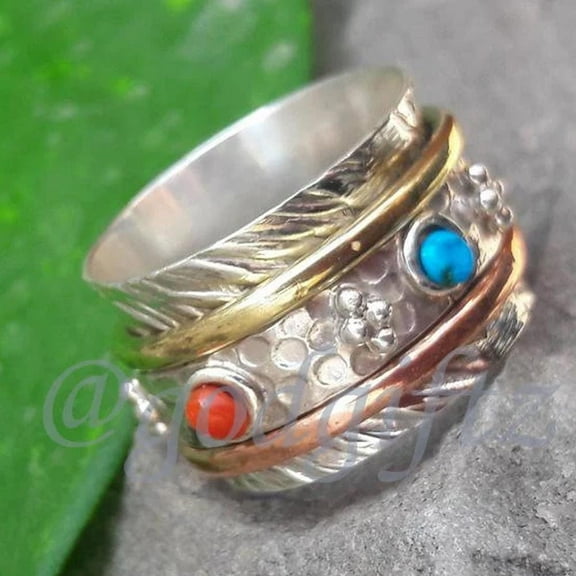 Red Coral Turquoise Spinner Ring: 925 Sterling Silver Wide Band