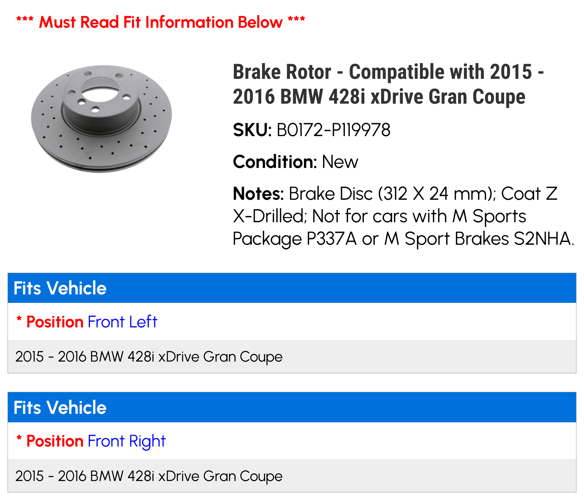 Brake Rotor - Compatible with 2015 - 2016 BMW 428i xDrive Gran