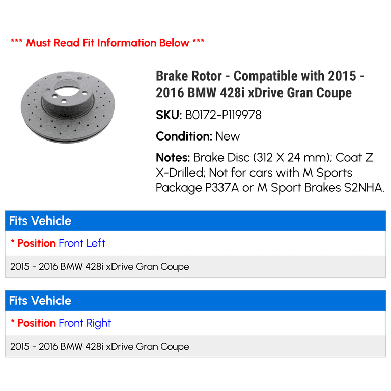 Brake Rotor - Compatible with 2015 - 2016 BMW 428i xDrive Gran