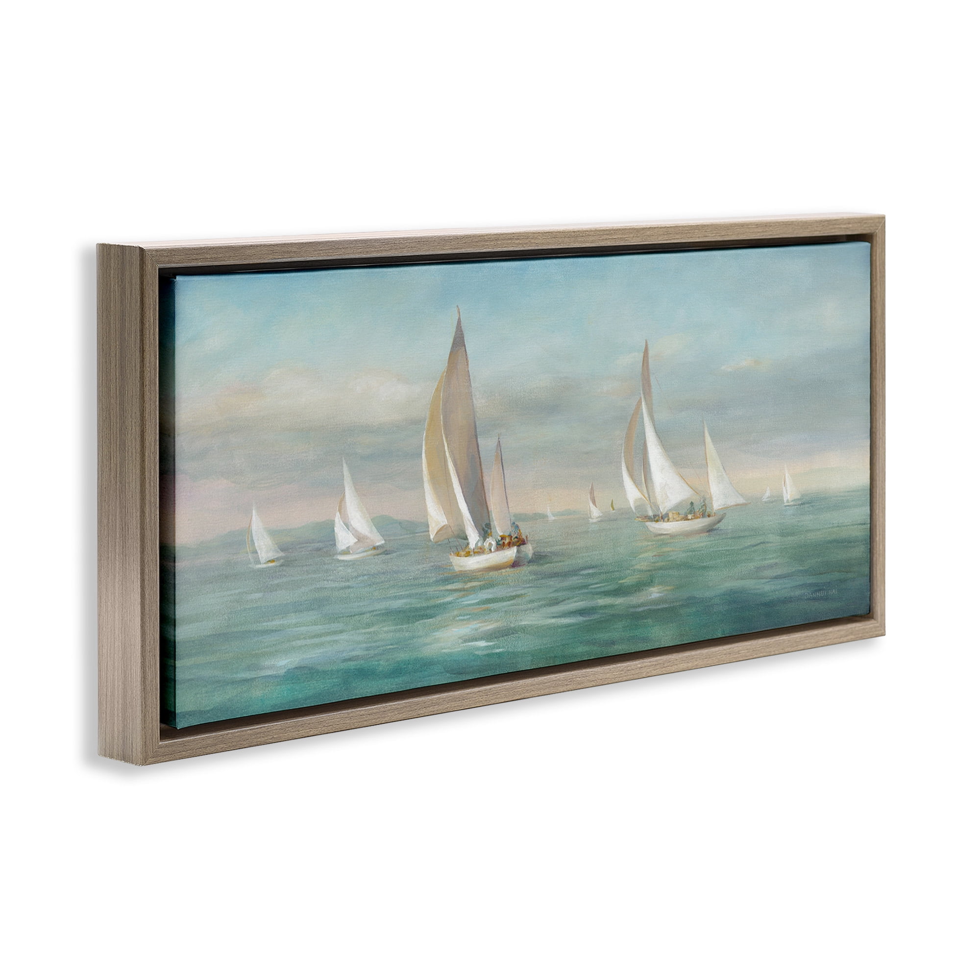 Stupell Industries Sailboat Fleet Ocean Waves Transportation Painting Brown Floater Framed Canvas Art Print Wall Art, 25 x 11