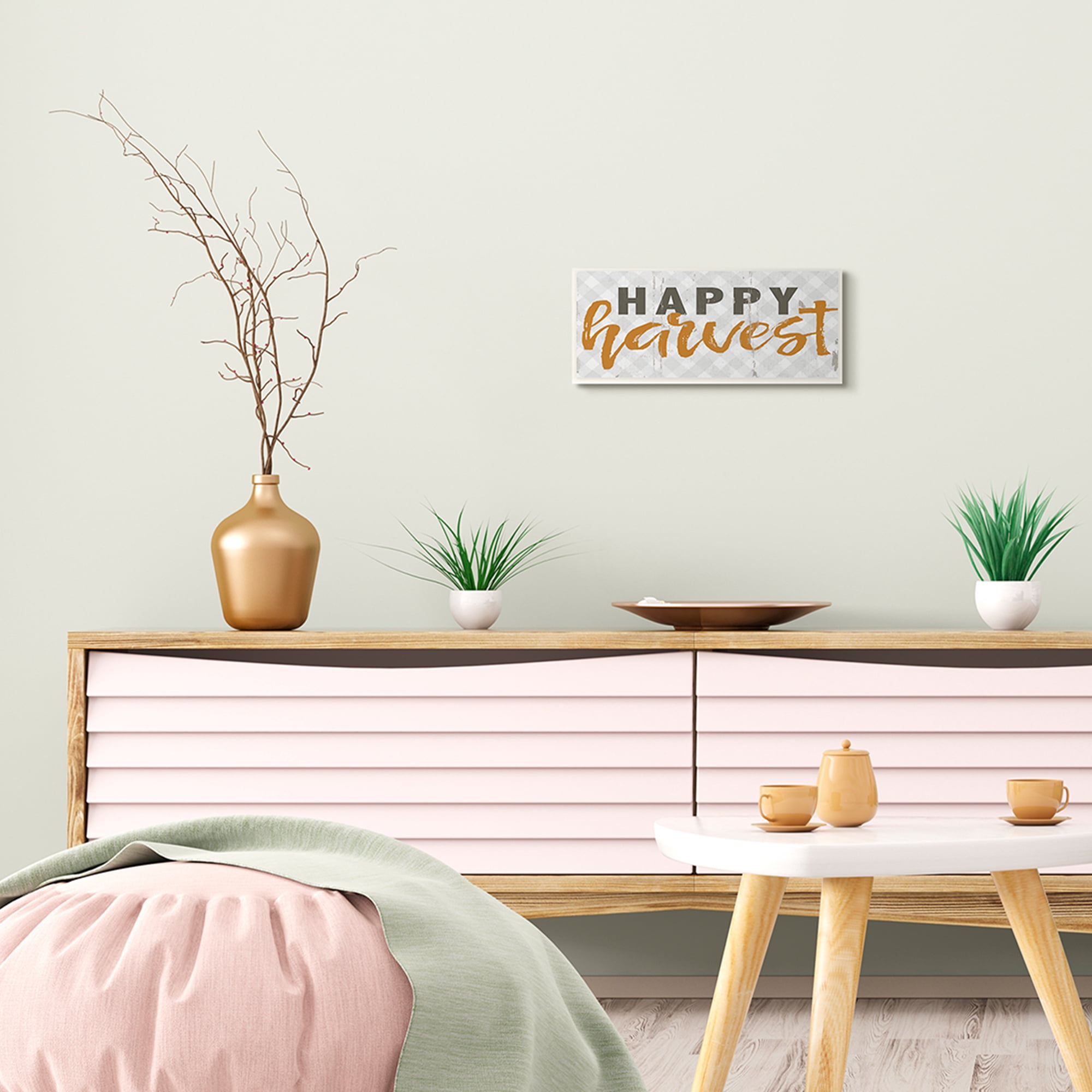 Stupell Industries Happy Harvest Phrase Distressed Autumn Plaid Typography Painting Wall Plaque Art Print Wall Art, 7 x 17