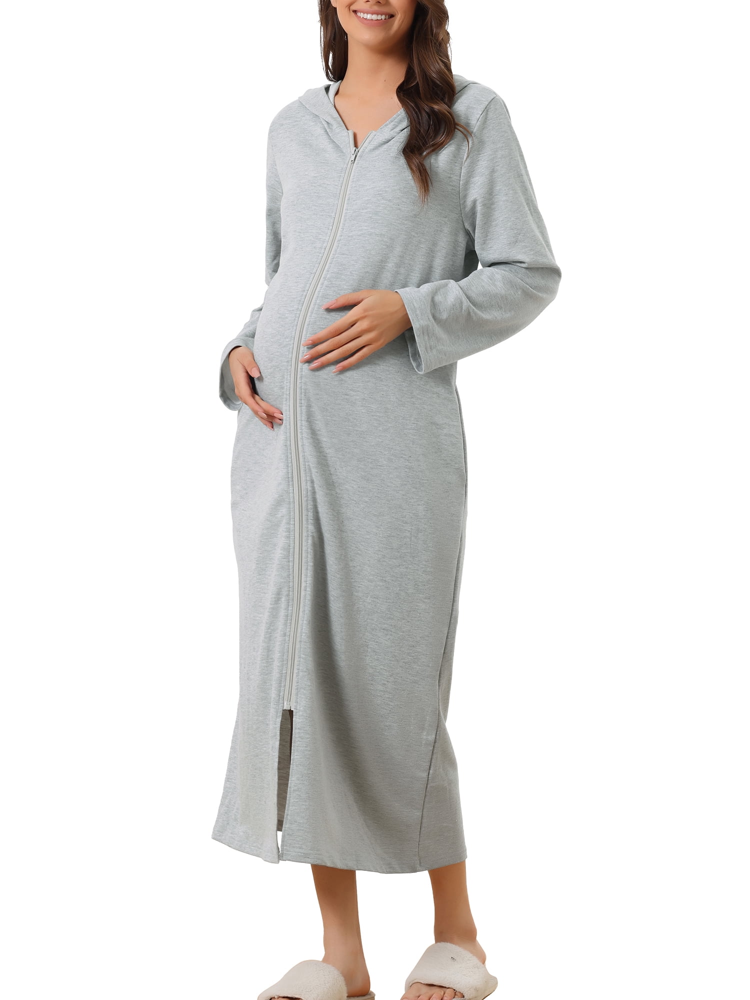Unique Bargains Womens Robe Zip up Hooded House Dress Nightshirt Hoodie Long Bathrobe XL Grey