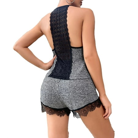 

2pcs Set Sexy Colorblock V neck Short Sets Sleeveless Grey Women s Pajama Sets (Women s)