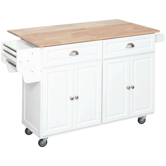 CoSoTower Îlot de Cuisine avec Rangement, Îlot de Cuisine Roulant avec Rallonge Rabattable, Dessus en Bois de Caoutchouc et Tablettes Ajustables, Blanc