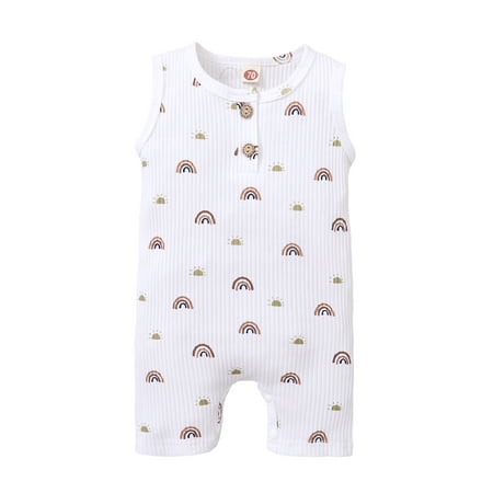

Gureui Toddler Infant Baby Boys Girls Summer Jumpsuit Rainbow Print Sleeveless Round Neck One-Piece Bodysuit Knit Ribbed Romper